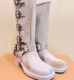 Boots Harness Belt Buckled cowhide leather Biker Knee Boots chunky heel zip Knight boots Fashion square toe Ankle for women luxury