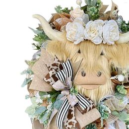 Decorative Flowers Highlands Cow Wreath Easter Spring Summer For Front Door Adorable 16inch Floral Hanging Garland Porch Ornament