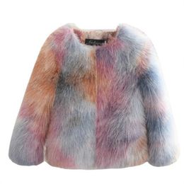 2024 New Fashion Mixed Colors Faux Fur Coat Children's Winter Clothing Girls' Jackets Round Neck Temperament Trend Boys' Coat