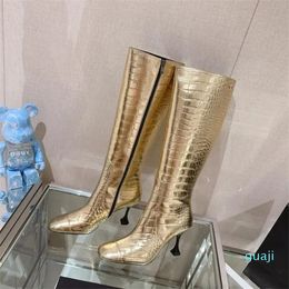 women's long boots short boots round toe thin high heels inner zipper cowhide crocodile pattern upper sheepskin inner lining real leather sole size 35-42