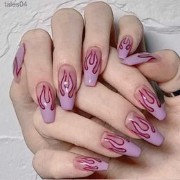 False Nails 24 Pcs Purple False Nails with Flame Pattern Designs Long Coffin French Fake Nails Nail Art Tips on Nails Press Glue Manicure YQ231115