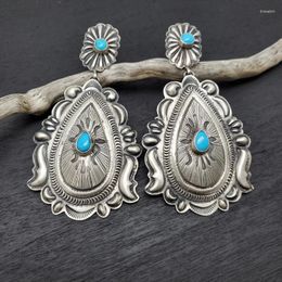 Dangle Earrings Ethnic Round Inlaid Blue Stone Drop Vintage Ancient Silver Colour Water Droplet Hand Carved Patterns