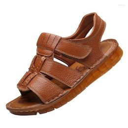 Sandals Men's Genuine Leather 2023 Summer Man Leisure Nnon-slip Brown Yellow Closed Toe Cowhide Beach