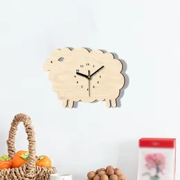 Table Clocks Sheep Wall Clock Wooden Cartoon Hanging Children's Room Bedroom Decoration Mute Creative Sticker