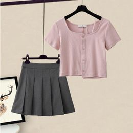 Work Dresses 2 Pieces Sets Women Summer Suit Fashion Elegant All-match Slim Crop Tops Female Pleated Mini Skirts Leisure Ulzzang Q29