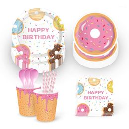 Disposable Dinnerware Omilut Baby Shower Girl Donut Party Tableware Set 1th Birthday Tablcloth/Plates/Cups CupCake