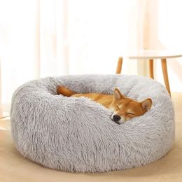 kennels pens MADDEN Round Dog Bed Cat Pet Bed Super Soft Long Plush Winter Warm Puppy House Fluffy Pet Sleeping Basket Cushion Dog Supplies 231114