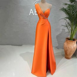 2024 Orange Evening Dress Irregular Neck Side Split Mermaid Dubai Ruched Arabia Satin Women Formal Prom Party Gowns Robe De Soiree