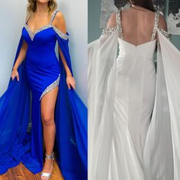 White Prom Dress 2k24 Chiffon Cape Stone Fitted Sexy Miss Pageant Winter Formal Evening Cocktail Party Hoco Gala Gown Mother of Bride Wedding Guest Black-Tie High Slit