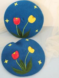 Berets Original Design Handmade Wool Felt Autumn And Winter All-Matching Warm Painter Cap Elegant Tulip Graceful Hat