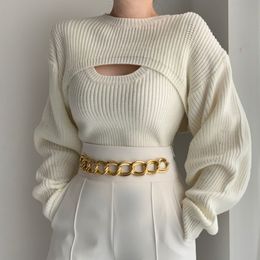 Autumn and Winter Fashion Slim Knit Vest + Casual Wear Short Sweater Blouse Two-piece Set for Women