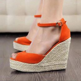 Sandals Women Thick Bottom Wedges Summer High Heels Platform Shoes Nice Flock Buckle Strap Peep Toe Ladies Plus Size