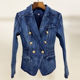 2023 Fashionable double breasted lion button washed denim suit slimming women jacket 1115