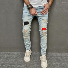 Men's Jeans Men's Trend Casual Ripped Slim Pencil Pants Mid-Waist Elastic Paste Cloth Hip Hop Motorcycle Clothing