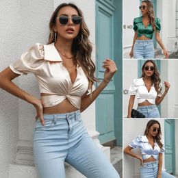 Women's Blouses Satin Imitation Silk Puff Sleeves Short Shirt Blouse Ladies Top Doll Collar Sleeve Summer Style Blusa Tops