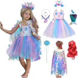 Girl's Dresses Halloween Cosplay Girl Rainbow Puffy Tulle Sling Mermaid Dress Carnival Children Princess Stage Performance Masquerade Ball Gown 231114