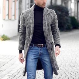 Men's Wool Blends Vintage Men Autumn Winter Plaid Lapel Collar Midi Woolen Coat Warm Slim Cardigan collar coats Long cotton trench coat Streetwear 231115