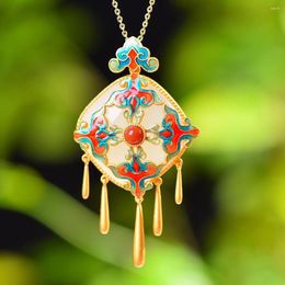 Pendant Necklaces S925 Silver Plated Inlaid Natural Hetian Jade Square Vintage Court Style Enamel Auspicious Cloud Tassel Female