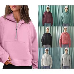 Lu-lululemen Crop Hoodies Damen luluwomen Scuba Hoodies Damen Hoodies Übergroße kurze Sweatshirts mit halbem Reißverschluss Fleece-Sportbekleidung für das Fitnessstudio mit Taschen Daumenloch Herbst