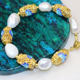 Strand Natural White 12-14mm Irregular Pearl Cloisonne Beads Bracelets For Women Original Design Elegant Fashion Jewellery 7.5inch B3003