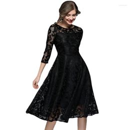 Casual Dresses For Women Spring-summer Plus Size Mid-length Lace Skirts Seven Point Sleeve Slim Large Swing Hook Flower Hollow Clothing