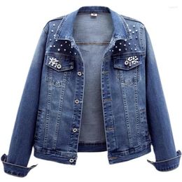 Women's Jackets 2023 Spring Plus Size Pearl Beaded Short Denim Jacket Women Long Sleeve Retro Casual Elastic Outwear