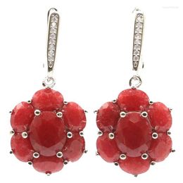 Dangle Earrings 38x17mm SheCrown Jewellery Set Gorgeous Real Red Ruby White CZ Woman's Fine Silver Colour Daily Wear