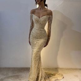 2024 Luxury Arabic Prom Pageant Dress Off the Shoulder Long Sleeves Pearls Beads Sequin Evening Formal Birthday Gowns Robe De Soiree Vestidos De Fieast