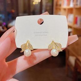 Stud Earrings Korean Silver Needle Style Fine Leaves Versatile Temperament Light Luxury Pearl For Girls.