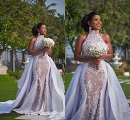 African Wedding Dresses with Detachable Train Modest High Neck Puffy Skirt Sima Brew Country Garden Royal Wedding Gown Plus Szie Robes de Mariee