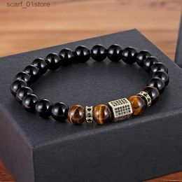 Chain XQNI Matte Onyx Stone Tiger Eye Combination Stitching with Cubic Zircon Hand Jewellery Beads Bracelet Elastic Stretch Men BraceletL231115