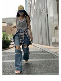 Women's Jeans HOUZHOU Kpop Grunge Ripped Baggy Women Harajuku Streetwear Frayed Hollow Out High Waist Denim Pants Female Vintage Korean