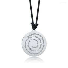 Pendant Necklaces Men's Necklace Wisdom Quotes Serenity Prayer Round Stainless Steel With Leather Rope Chain Choker 20 In