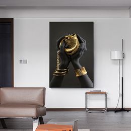 Canvas Print Black Women Hands and Gold Jewellery Poster African Art Oil Painting On the Wall Large Wall Pictures For Living Room