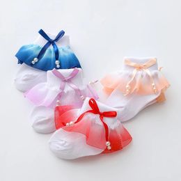 Cute Bow Pearl Baby Socks Cotton Lace Spring Autumn Toddler Sock Solid Colour Princess Baby Girls Mid Tub Socks