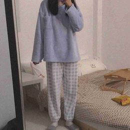 home clothing Plaid Women Pajamas Set Winter Sleepwear Fleece Velvet Piece Home Suit Sleep Fluffy Pocket Warm Night Wear R231115