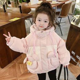 Down Coat Girls' Jacket Cotton Winter 2023 Street Fashion Sweet Pink Hooded Zipper Parka Lovely Bear Ear Pocket Thick Outwear