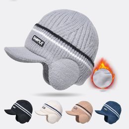 Winter Beanie with Visor Earflaps Outdoor Fleece Hat Warm Knitted Wool Hat Baseball Cap with Warmer Earflap for Men Women Outdoor Ski Visor Beanie Hat