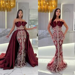 Vintage Burgundy Prom Dresses Strapless Ruched Beading Party Dresses Lace Appliques Embroidery Custom Made Evening Dress