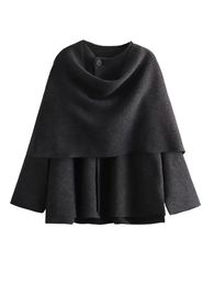 Women's Wool Blends YENKYE Women Dark Gray Asymmetrical Scarf Crop Knit Coat Vintage Oversize Female Winter Warm Outerwear 231114