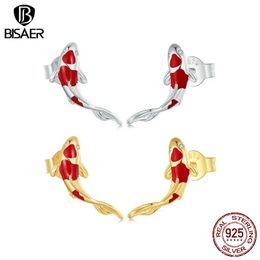Stud BISAER 100% 925 Silver Red Koi Luck Courage Stud Earrings Fish Gold Plated for Lucky Woman Party Fine Jewellery ECE812 231115