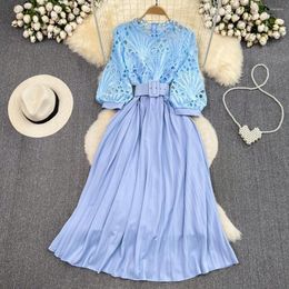 Casual Dresses Clothland Women Stylish Lace Dress Hollow Out Zipper Belt High Waist Pink Blue Female Midi Vestido QB988