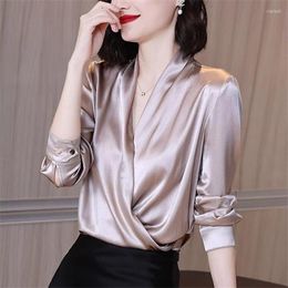 Women's Blouses Spring Elegant Satin Women Blouse Autunm Female Long Sleeve Sexy V Neck Artificial Silk Party Tops Office Ladies Chiffon