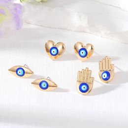 S3575 Love Heart Fatima Palm Enamel Turkish Blue Eye Stud Earrings For Women Evil Eyes Earrings