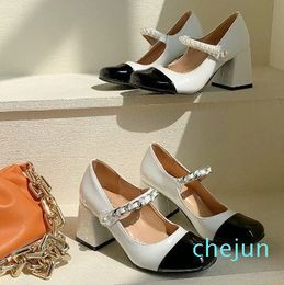 Fashion Shoes Square Toe Mary Janes Heel Black White Dress Pearl Buckle Pumps High Heels