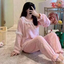 home clothing Female 2PCS Pyjamas Sets Warm Sleepwear Shirt Pants Flannel Nightwear Nightgown Coral Fleece Home Clothing R231115