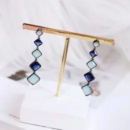 Dangle Earrings Fashion Dark And Light Blue Square Stone Colour Blocking Long Drop Cubic Zirconia Women Jewellery Cool Tone Black Gun