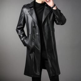 Primavera outono longo legal impermeável preto couro do plutônio trench coat masculino duplo breasted plus size outerwear tamanho M-4XL