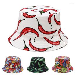 Berets Vegetables Print Bucket Hats Women Men's Panama Hat Double-sided Foldable Summer Cap Hamburger Pepper Tomatoes Graffiti Sun