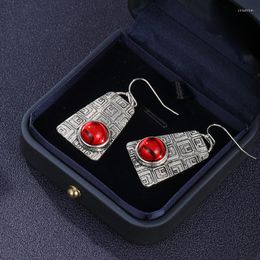Dangle Earrings Ethnic Round Red Zircon Hook Tribal Jewelry Silver Color Metal Engraved Vintage Square Pattern
